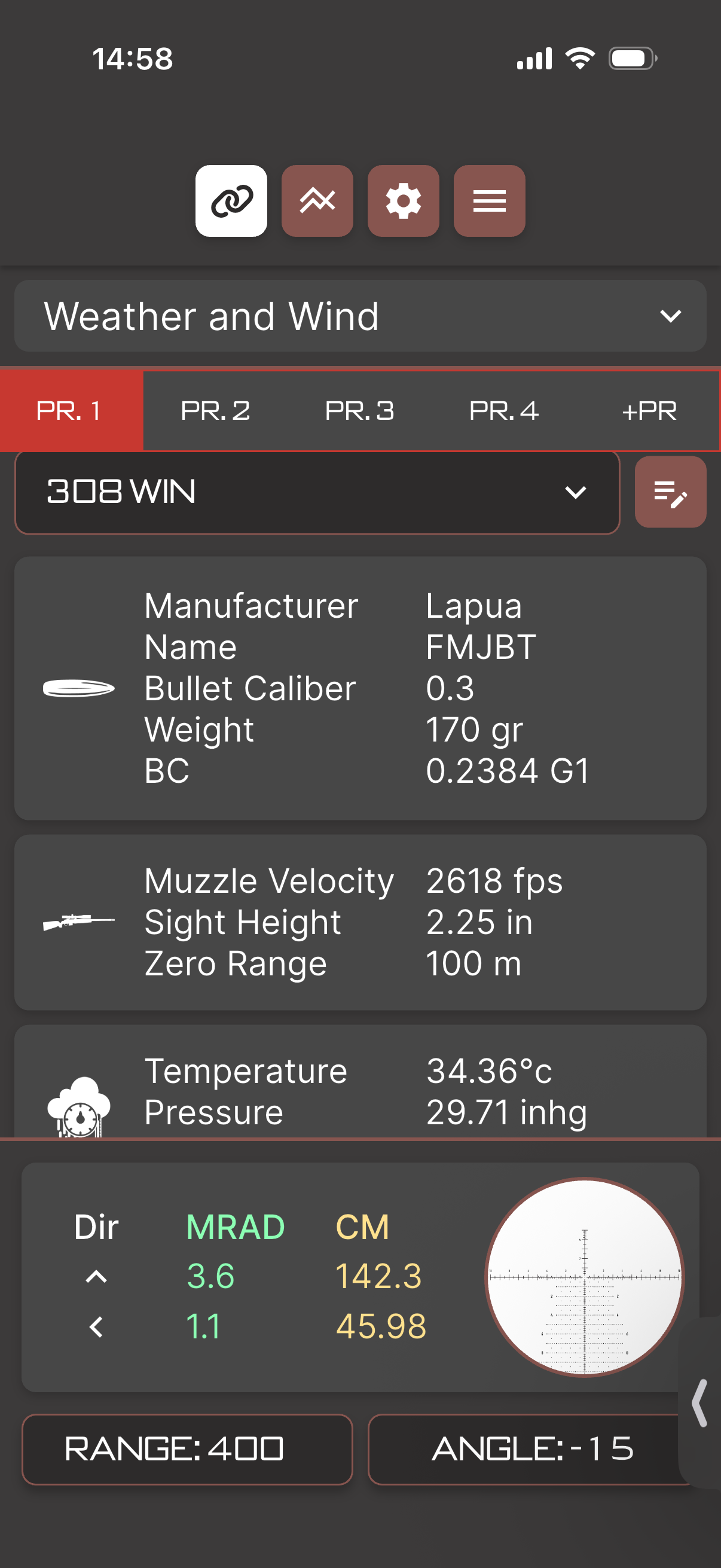 Element Ballistics App แสดงผลการคำนวณวิถีกระสุน .308 WIN ที่ 400 เมตร